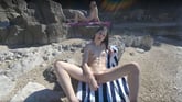 Matty Glass Dildo Masturbating Nude Beach With Josie Sunbathing Nude Background
