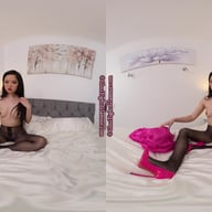 Louisa Lu Pink satin bed wear with black glossy legwear GlossTightsGlamourVR vr porn video