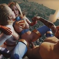 DC Parody SuperGirl PowerGirl Flying Threesome Kiss Orgy Group Sex FFM porn