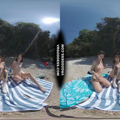 3 Babes Naked On Vacation Beach Picnic Playing Frisbee Searching For Shells And Bubble VRgoddess vr porn video