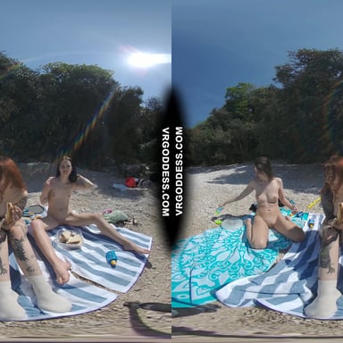 3 Babes Naked On Vacation Beach Picnic Playing Frisbee Searching For Shells And Bubble VRgoddess vr porn video