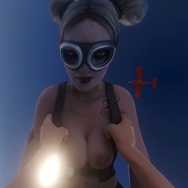 Fuck Harley Quinn skydiving from airplane jump and falling down shortly before opening the parachute