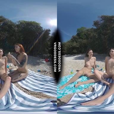 3 Babes On Nude European Beach Mini Lesbian Outdoor Vacation Orgy Matty Cheri Rebeka Ruby VRgoddess vr porn video