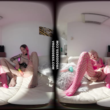 Alise And Alice On The Couch Both Masturbating Then Double Dildo Deep Penetration Lesbian Sex VRgoddess vr porn video