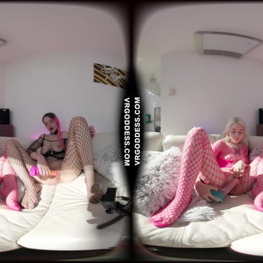 Alise And Alice On The Couch Both Masturbating Then Double Dildo Deep Penetration Lesbian Sex VRgoddess vr porn video
