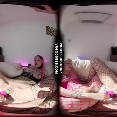 Alise And Alice On The Couch Both Masturbating Then Double Dildo Deep Penetration Lesbian Sex VRgoddess vr porn video